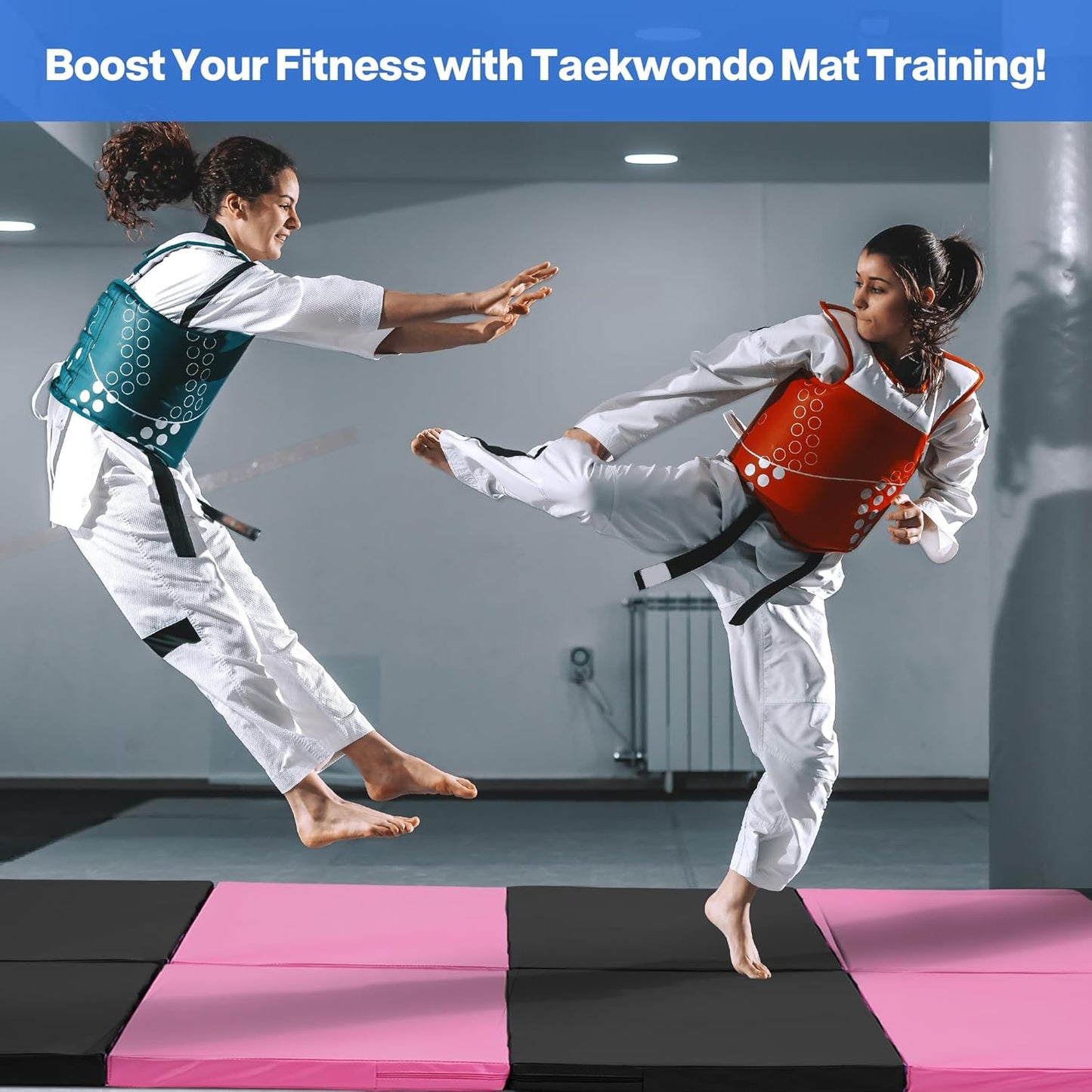 Skiennix Gymnastics Mat - Portable 4-Fold Tumbling Mat with PU Leather & Carry Handle - 6'x3'x2'' for Home Workout, Yoga, MMA, Pilates