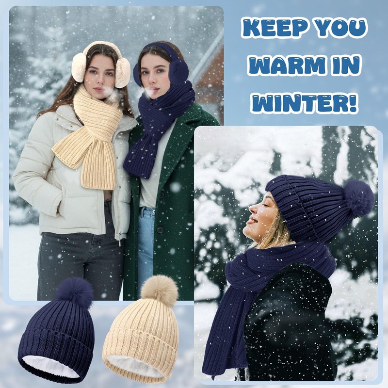Cutecrop 10 Pcs Winter Hat Scarf Gloves Earmuffs Socks for Women Men Skiing Snowboarding Snow Shoveling Outdoor Warmth(Beige and Navy Blue)