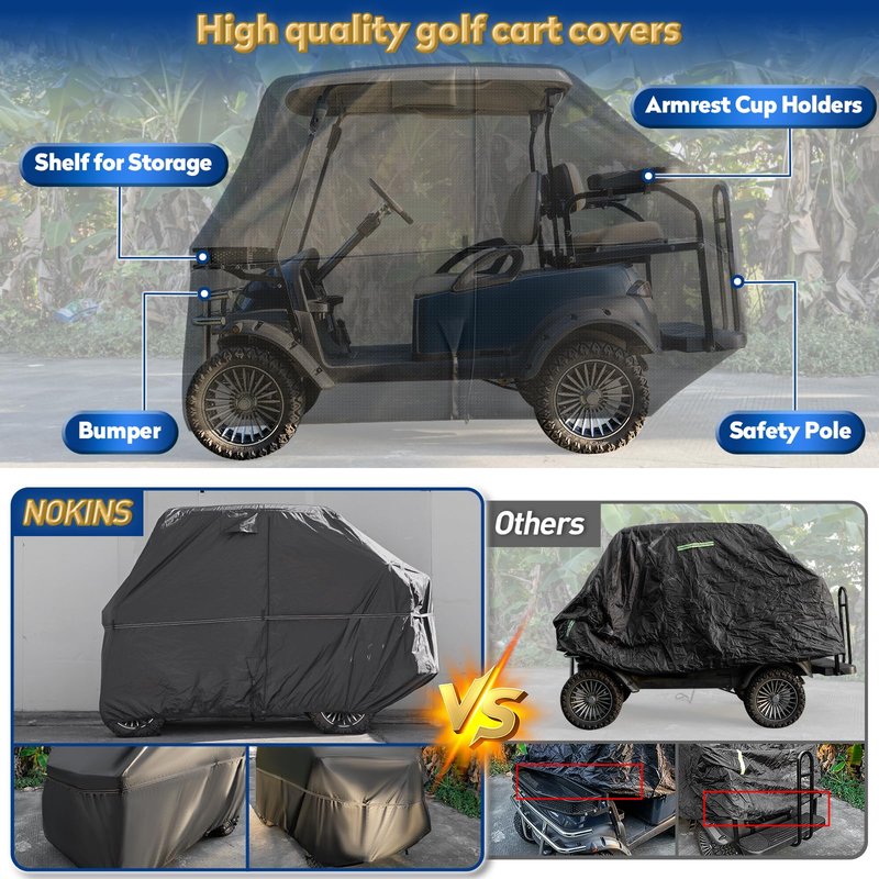 NOKINS 420D Waterproof 2+2 Specialized Golf Cart Cover,Oxford Fabric Cover Fit for Most Standard 2+2 Seater Golf Cart EZGO, Club Car, Protects Your Car from Wind and Rain,Black