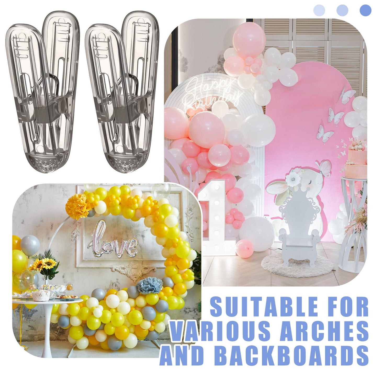 LemonRoad 20 Pack Balloon Arch Clips Plastic Spring Clamps 2.4 Inch Heavy Duty Clip for Balloon Arch Kit Birthday Decoration Crafts Backdrop Woodworking Photography Studios (Translucent Black)