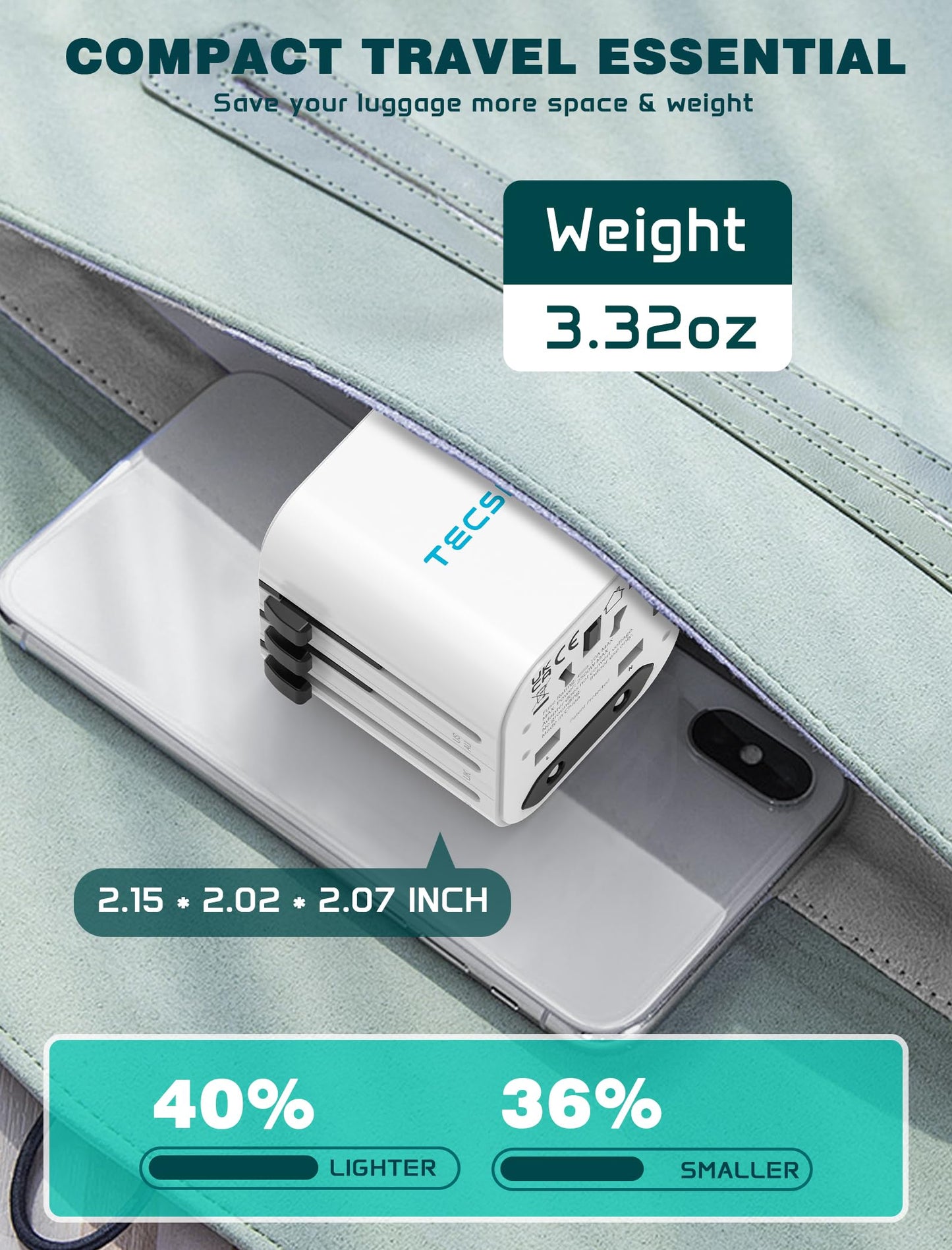 Universal Travel Adapter Worldwide, TECSIX Compact Travel Power Plug Adapter (Type A C G I), 2500W Internetional Wall Charger Outlet Adaptor to Europe, India, UK, US, AUS, Asia 200+ Countries