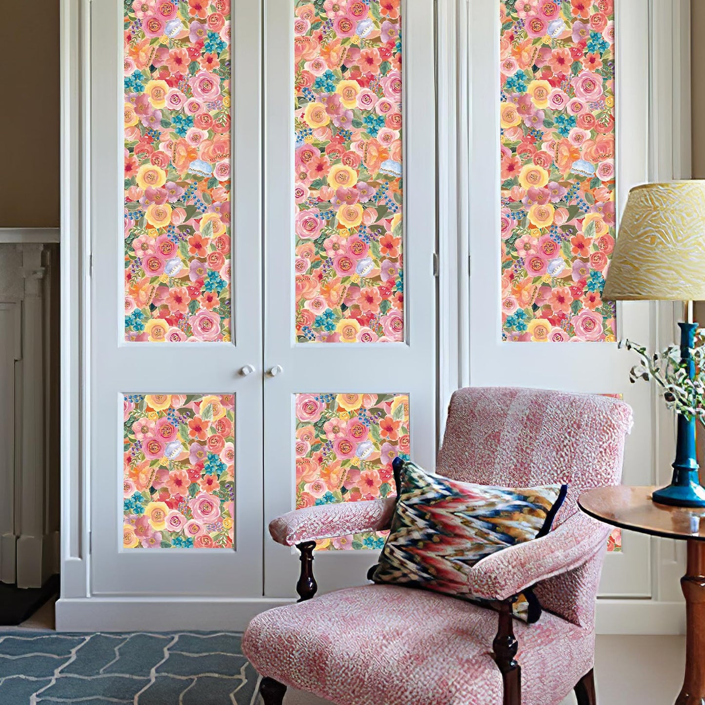 Simon&Siff Floral Peel and Stick Wallpaper 17.3"x80" Pink Watercolor Flowers Wall Murals Removable Wall Paper for Bedroom Bathroom Cabinet Renter Friendly