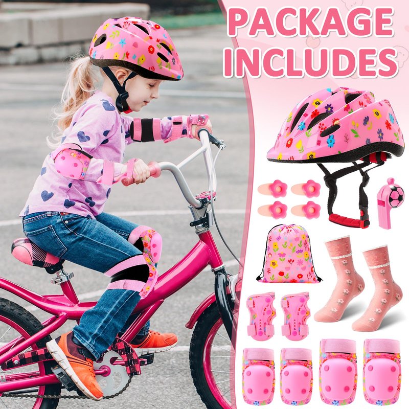 Saysurey 14 Pcs Kids Bike Helmet Knee Pads Knee Elbow Pads for Toddlers 3 to 8 Years Pink Helmet for Girls Wrist Guards with Drawstring Bag Sock Whistle and Hairpin for Skating Cycling(Flowers)