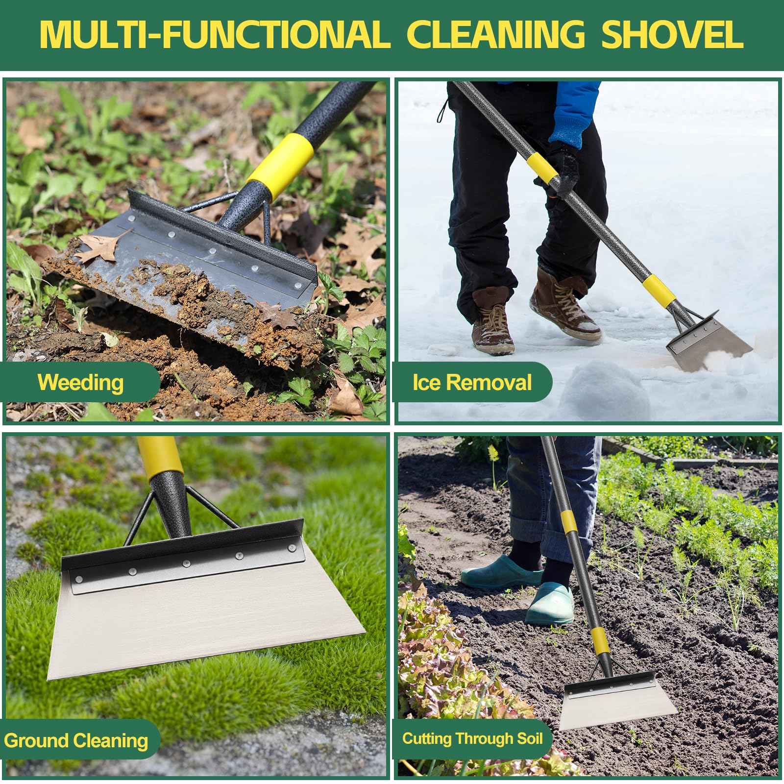 Garden Cleaning Shovel, 63" Adjustable Floor Ice Scraper Long Handle Heavy Duty Tool, Multifunctional Flat Snow Shovel Gardening Tools for Digging, Weeding,Scraping