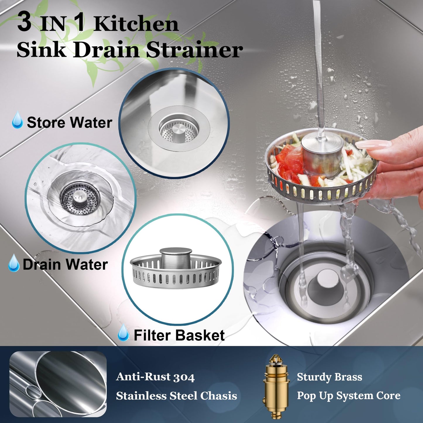 3 in 1 Kitchen Sink Drain Strainer Pop up Sink Stopper,Durability Stainless Steel Anti-Clogging Strainer Basket Odor Prevention Plug Stopper for US Standard 3-1/2” Drain