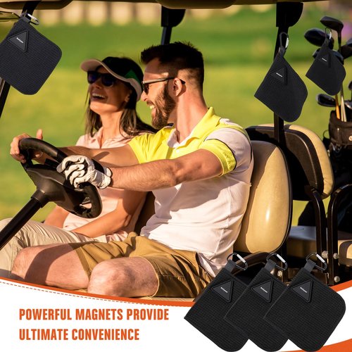 Batiyeer 3 Pack Small Magnetic Golf Towels Gift for Men 5.5 x 5.5 Inch Microfiber Waffle Material with Clip Pocket Golf Towel with Magnet for Carts Fall Camping Club Men Women (Black)