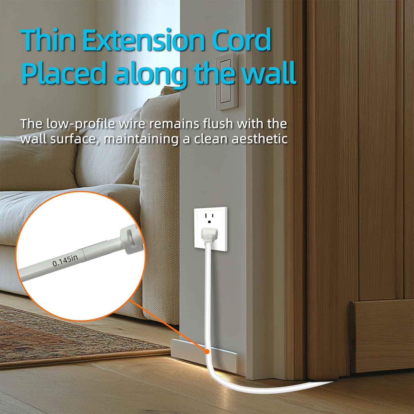 2 Prong Polarized White Extension Cord 15 feet Thin Power Cable Male to Female, 125V 5A 625W for Indoor/Home Use, Slim Design for Christmas Lights, Halloween Decor, Lamps & Small Appliances (1Pack)