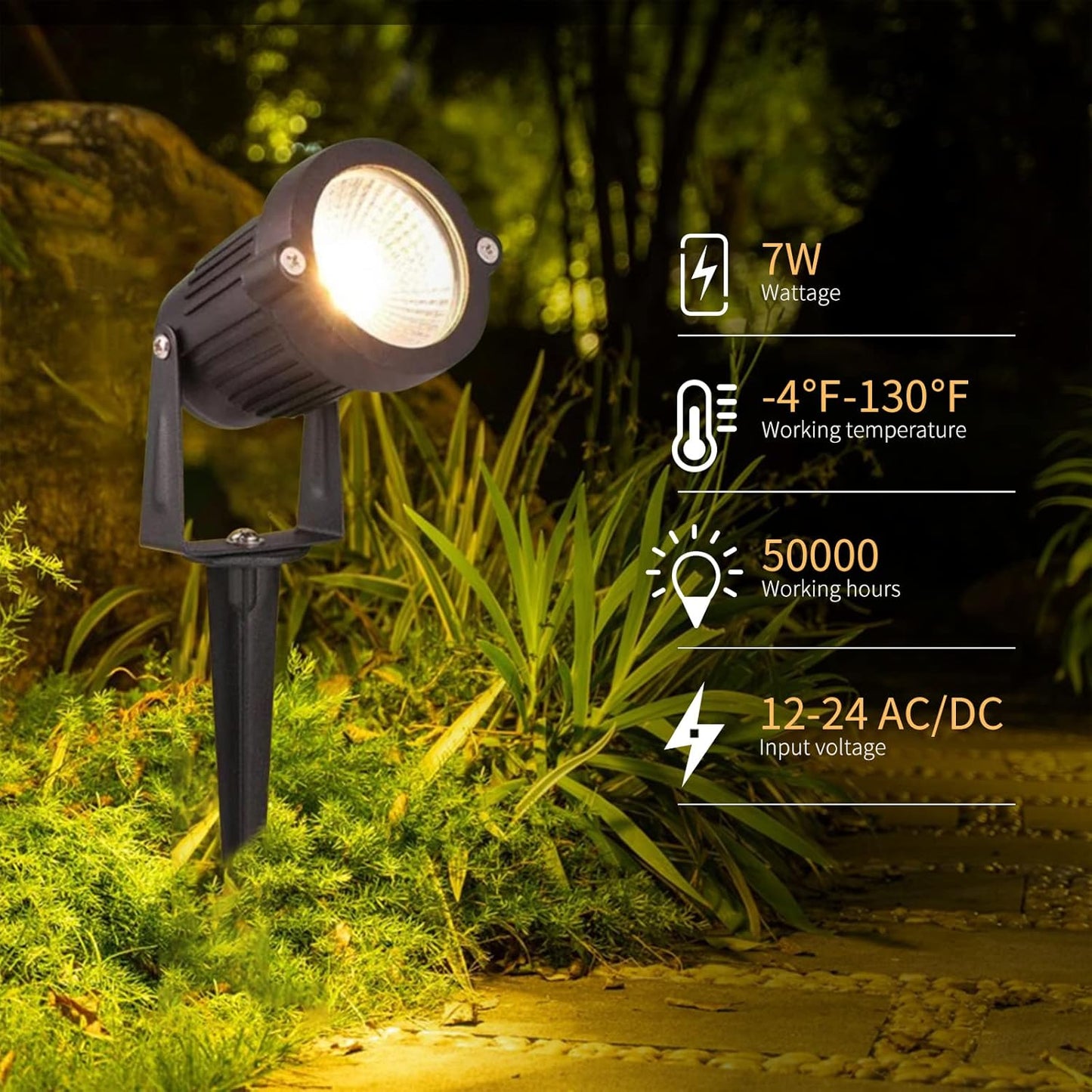 7W LED Low Voltage Landscape Lights - 700LM Warm White Spotlights for Garden Pathway | IP65 Waterproof | 12V/24V | 6 Pack