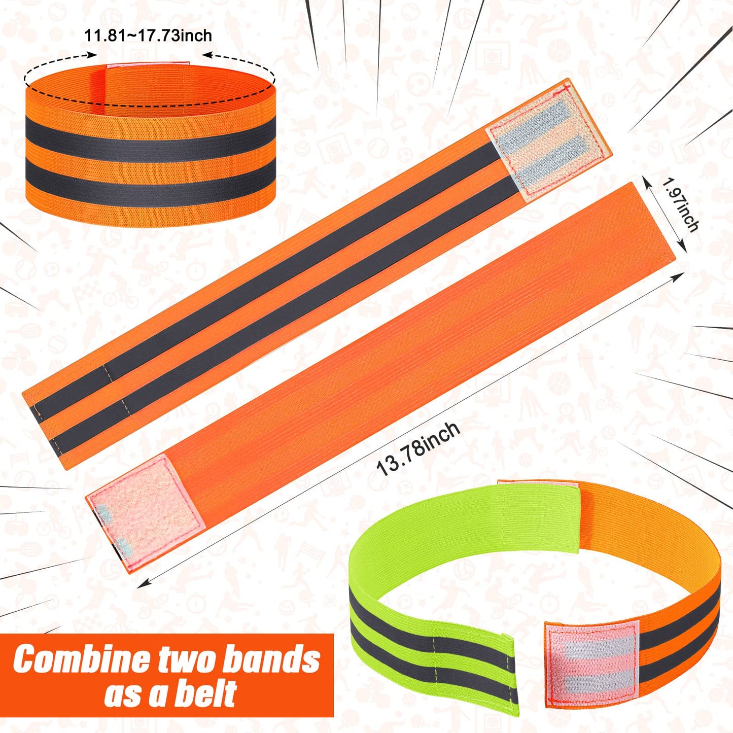 Zubebe 48 Pieces Reflective Bands Reflector Bands for Wrist, Arm, Ankle, Leg, High Visibility Reflective Gear Safety Reflector Tape Straps for Night Walking, Cycling and Running (Green and Orange)
