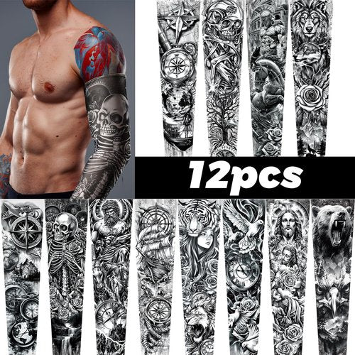 Boao 12 Pcs Temporary Tattoo Sleeve for Men Cooling Arm Sleeves Long Fingerless Arm Cover Anti Slip UV Protection Sun(Novelty Style,One Size)
