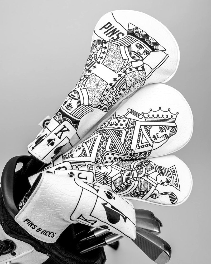 Pins & Aces Royal Flush Fairway Head Cover - Premium, Hand-Made Leather Headcover - Ace of Spades & Magnetic Closure, Tour Quality Golf Club Cover - Style and Customize Your Golf Bag (Whiteout)