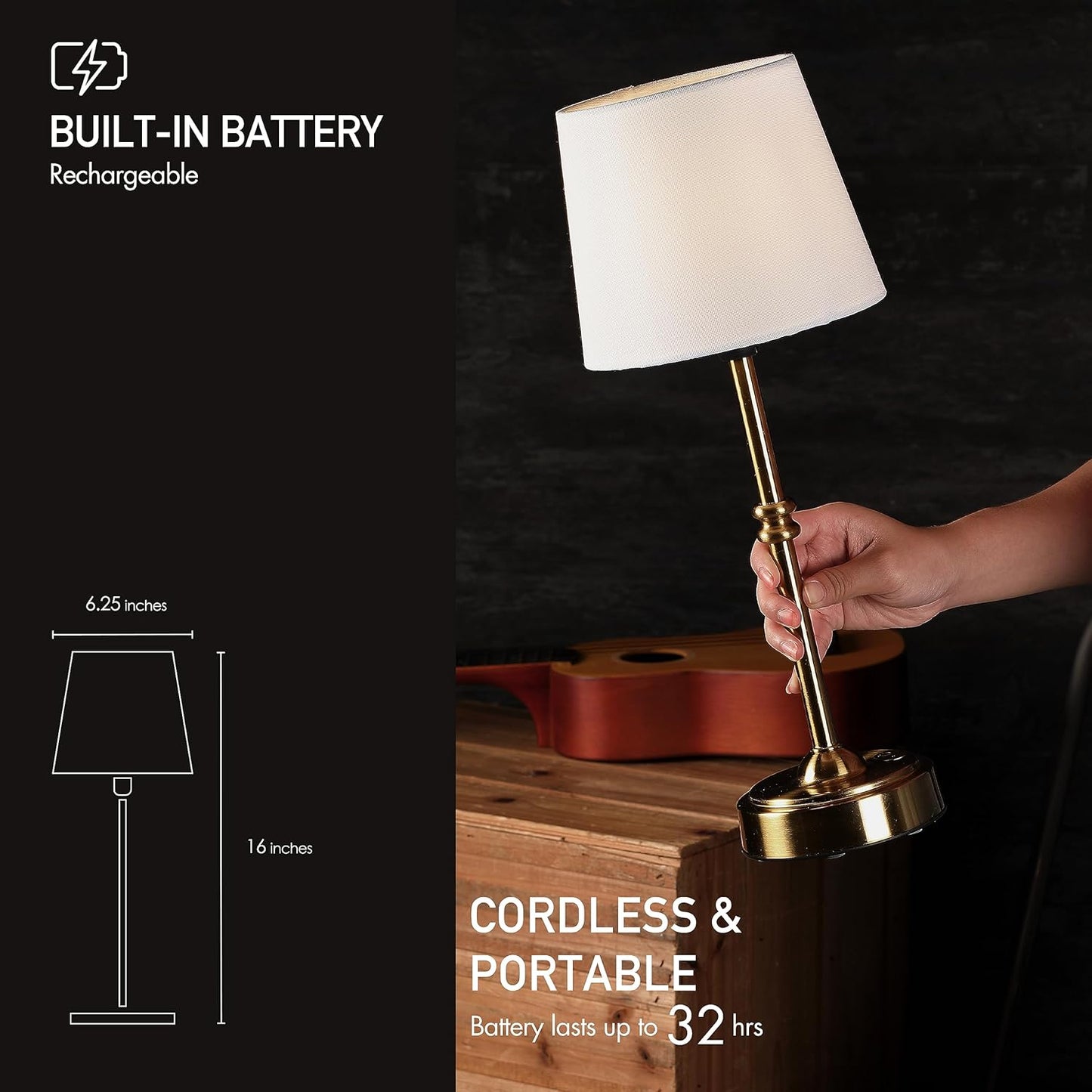 Cordless LED Table Lamp with Dimmer - O’Bright Seraph, Rechargeable Battery, 3-Level Brightness, Perfect for Patio & Bedside
