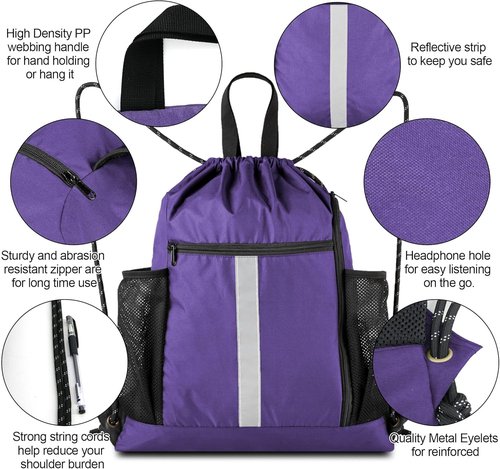 BeeGreen Gym Backpack - Lightweight Purple Drawstring Bag with Shoe Compartment & Dual Water Bottle Holders