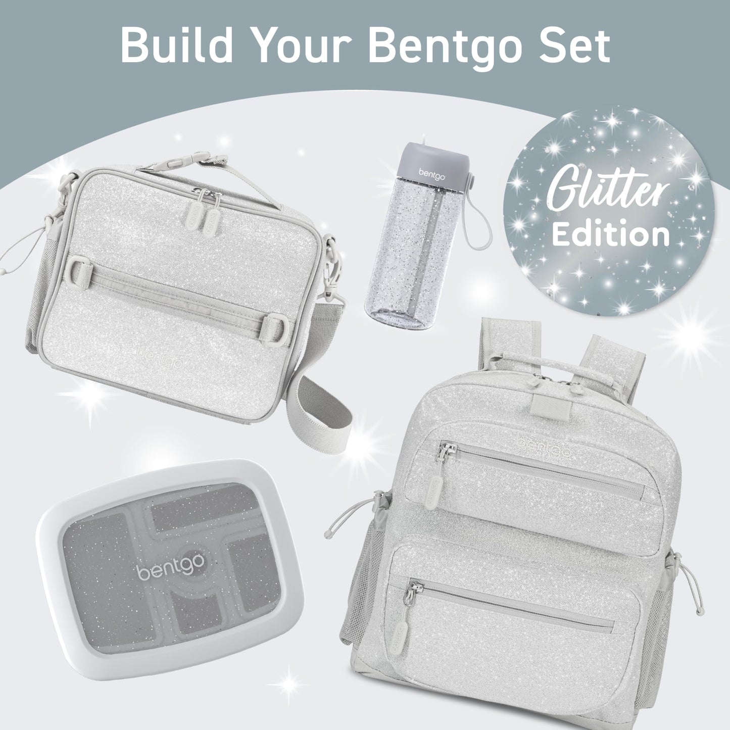 Bentgo Kids Water Bottle - Leak-Proof, Durable Tritan, BPA-Free 15 oz. Cup for Kids/Toddlers Ages 3+, Bite & Sip Spout, Carrying Handle, & Dishwasher Safe for School (Glitter Edition - Silver)