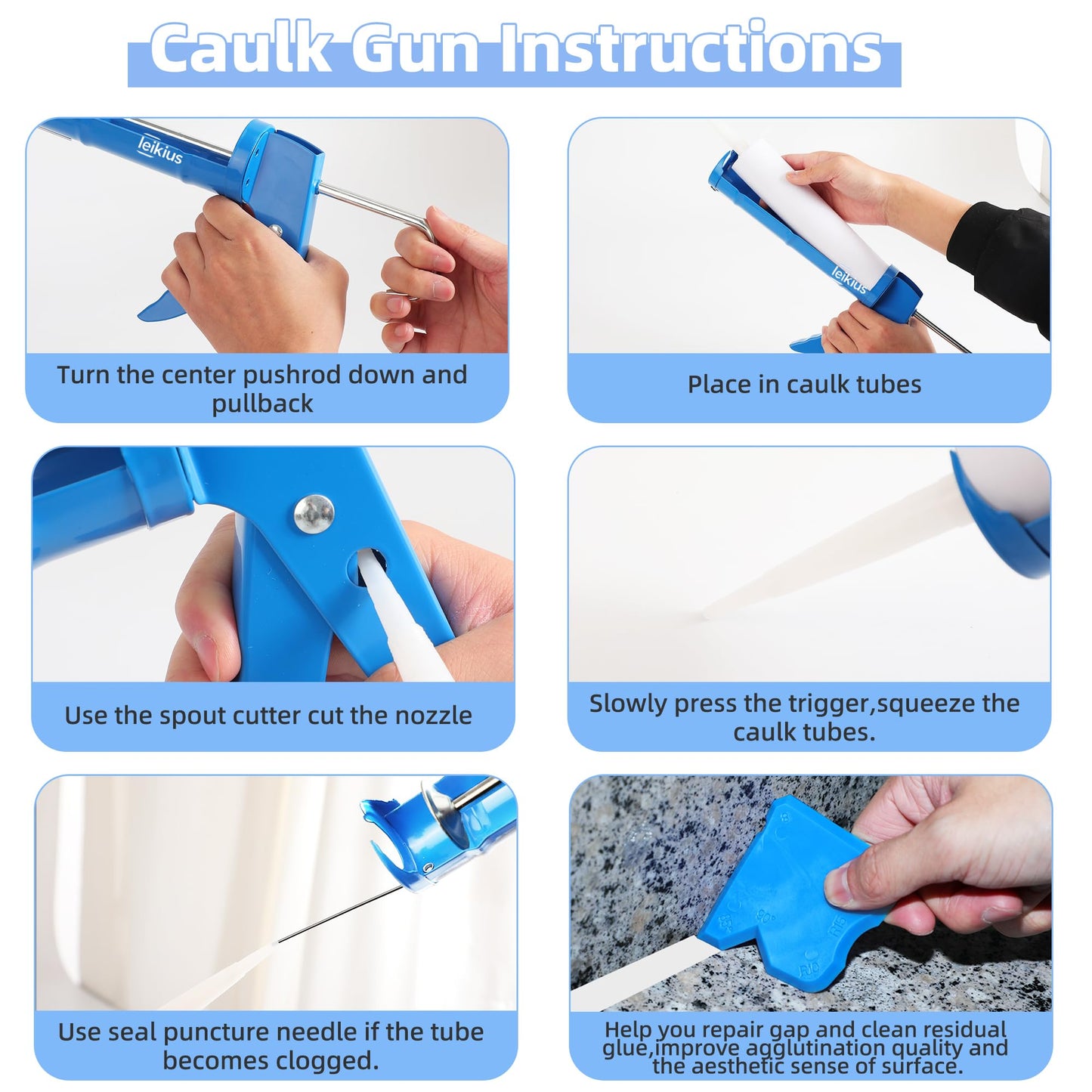 Caulk Gun Kit Smooths No-drip Silicone Caulking Gun and Caulking Tools, Sealant Tools Grout Scraper For Kitchen Bathroom Sink Joint,With Gift Box Works 10OZ Tubes blue