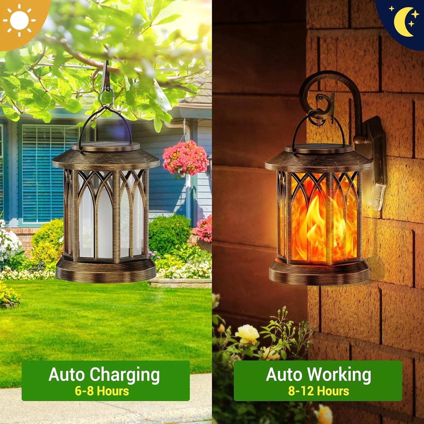 Solar Lanterns Outdoor - 4 Pack Waterproof Flickering Flame Lights for Garden & Yard Decor (Bronze)