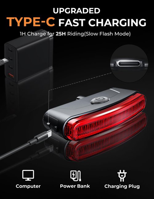G2FS LITH 150 Lumens Rechargeable Bike Tail Light, IPX6 Waterproof Bicycle Rear Cycling 220° Wide Visible Safety Flashlight, 5 Light Mode Road Mountain Night Ride Hiking, Cycling, Camping, Boating