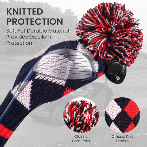 FINGER TEN Golf Head Covers Pom Pom for Woods Driver Hybrids Fairway Pack, Vintage Knit 1 3 4 5 7 X Headcovers Pattern USA Flag Eagle for Main Wood Clubs (Blue&Red-3pcs(D+F+H))