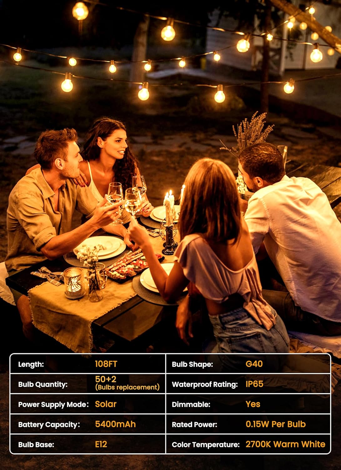 Solar String Lights Outdoor 108FT with Remote - 52 Dimmable LED Bulbs for Patio, Garden, Wedding