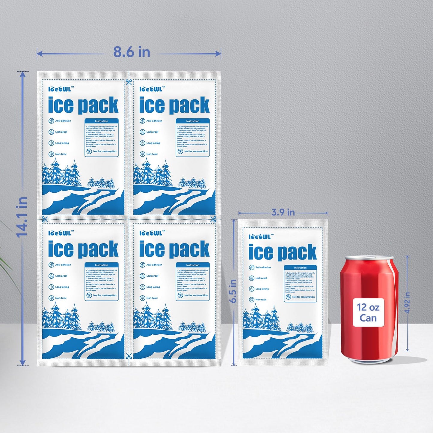 ICE OWL Dry Ice Packs for Shipping Non-Stick for Food Double-Sided Absorption TUV and SGS Tests Long Lasting Shipping Cold Packs 5 Sheets 14"x8.7" for Coolers Lunch Bags 5x4 Cells