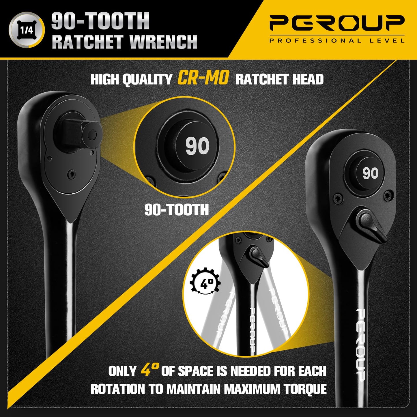pgroup 1/4-Inch Drive Ratchet Wrench, 90 Tooth Reversible Ratchet, 4-Degree Swing, Ergonomic Handle, Chrome Alloy Made, Quick Release Ratchet Wrench for Repairing, Home, DIY