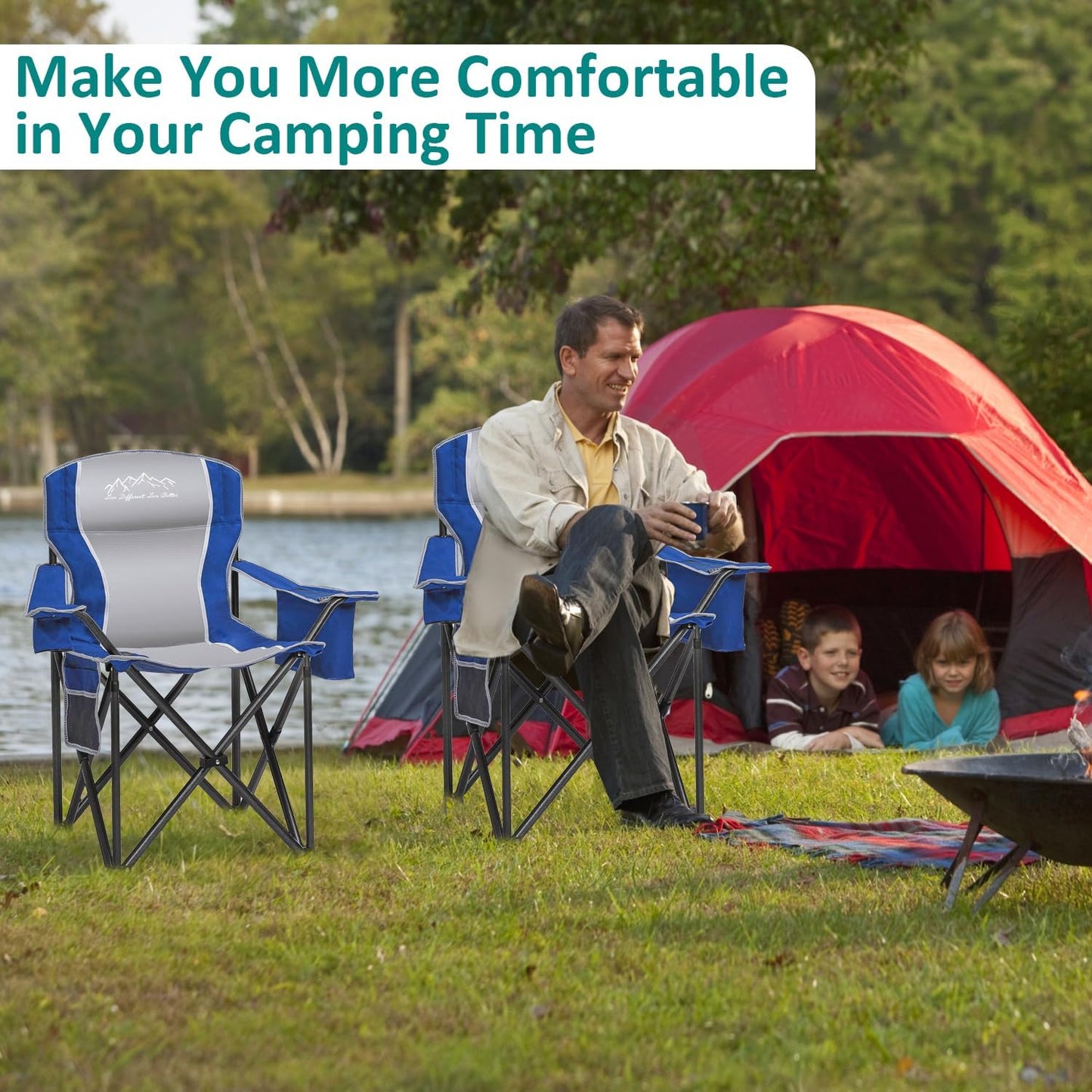 Regine Switzerland Heavy Duty Camping Chairs - 500lbs Capacity, High Back, Portable with Cooler Bag & Cup Holder, Blue | 2 Pack