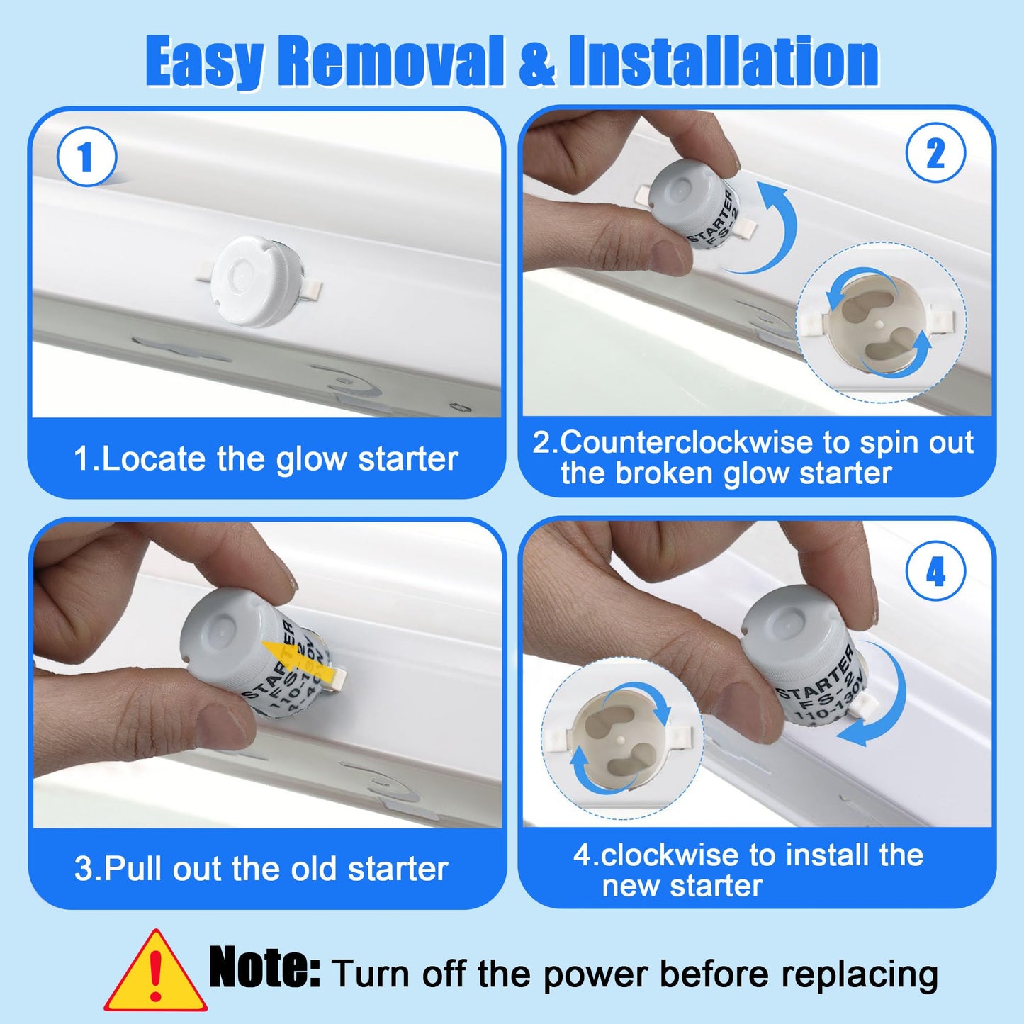 Konideke Fluorescent Starter, 4-40W, T8, 10 Count, Indoor, Long Lasting, 1.1E+2V AC, Compatible with GE, FS-2, FS-5, Preheat Fluorescent Lamps