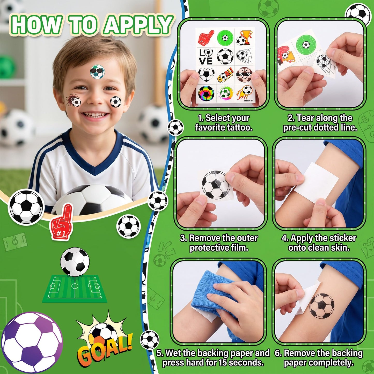 96 PCS Soccer Temporary Tattoos for Kids - Soccer Party Favors &