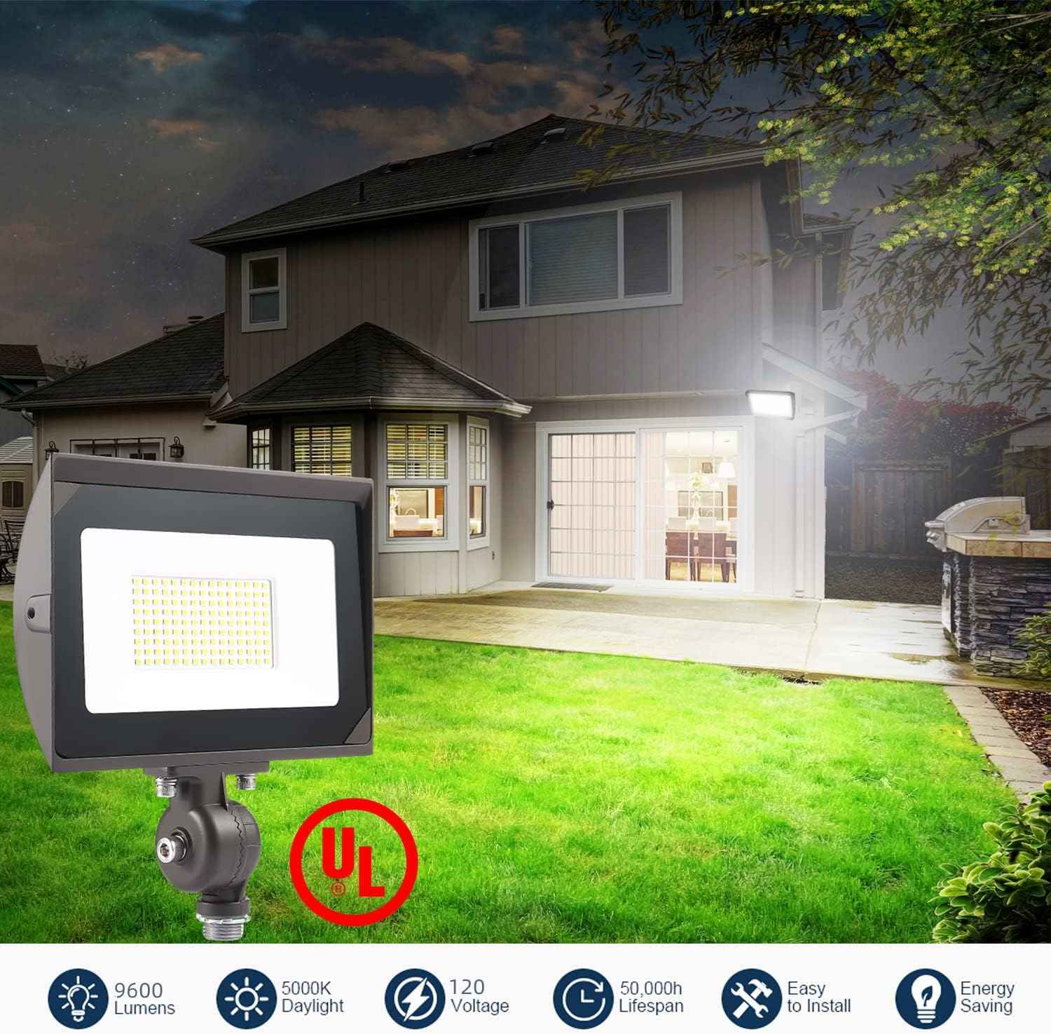 80W LED Flood Light - Waterproof Outdoor Security Light, 9600LM, 5000K Daylight, Knuckle Mount Included