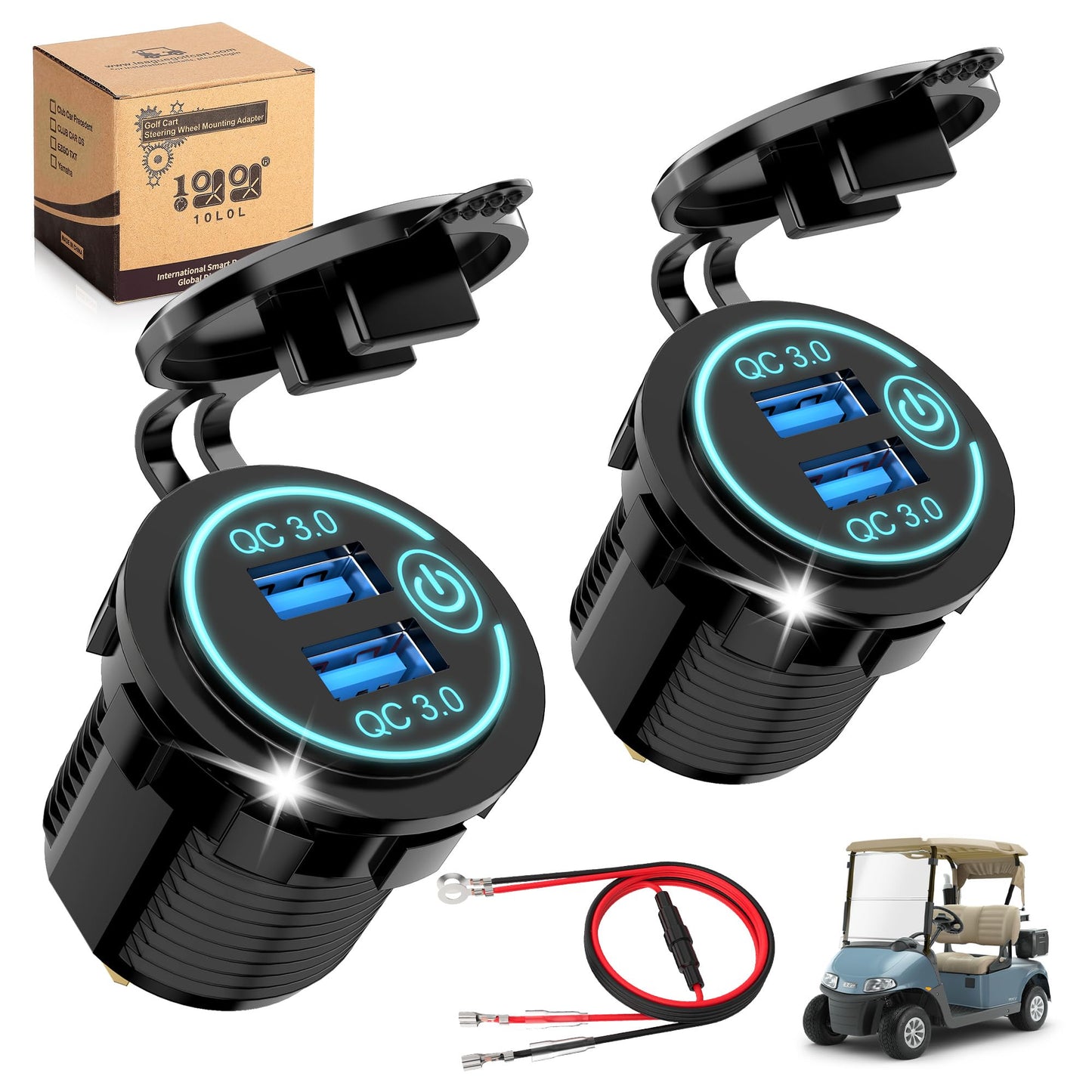 10L0L Golf Cart Quick Charge QC 3.0 Dual USB Charger Socket, 12V-24V USB Outlet for Yamaha EZGO Club Car, 12V Input Double USBs Ports with DIY Cars Port Outlet for Car Boat RV Motorcycle Truck