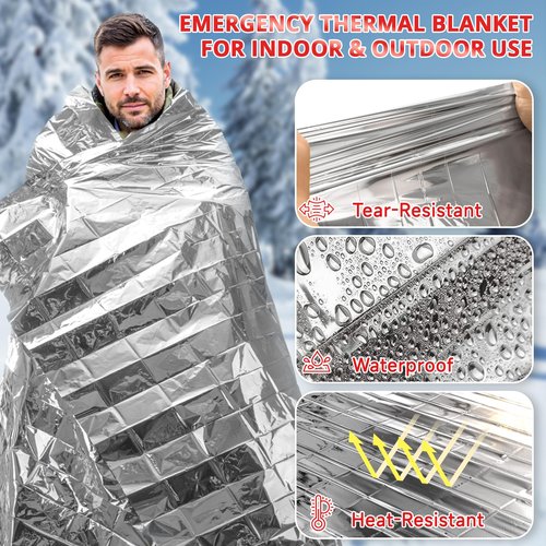SecuCaptain Survival Emergency Thermal Blankets: Extra Large 84” x63” Space Mylar Blanket Kit for Outdoor Cold Winter Camping Hiking Car Bug Out Bag or First Aid - 10 Pack