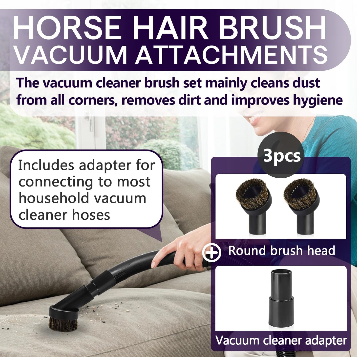 3PCS Horse Hair Brush Vacuum Attachment Set - Black Round Horse Hair Vacuum Attachments & Brushes - Shop Vac Brush Attachment for Most Vacuum Cleaners Accessories - 1 1/4" Vacuum Attachments Included