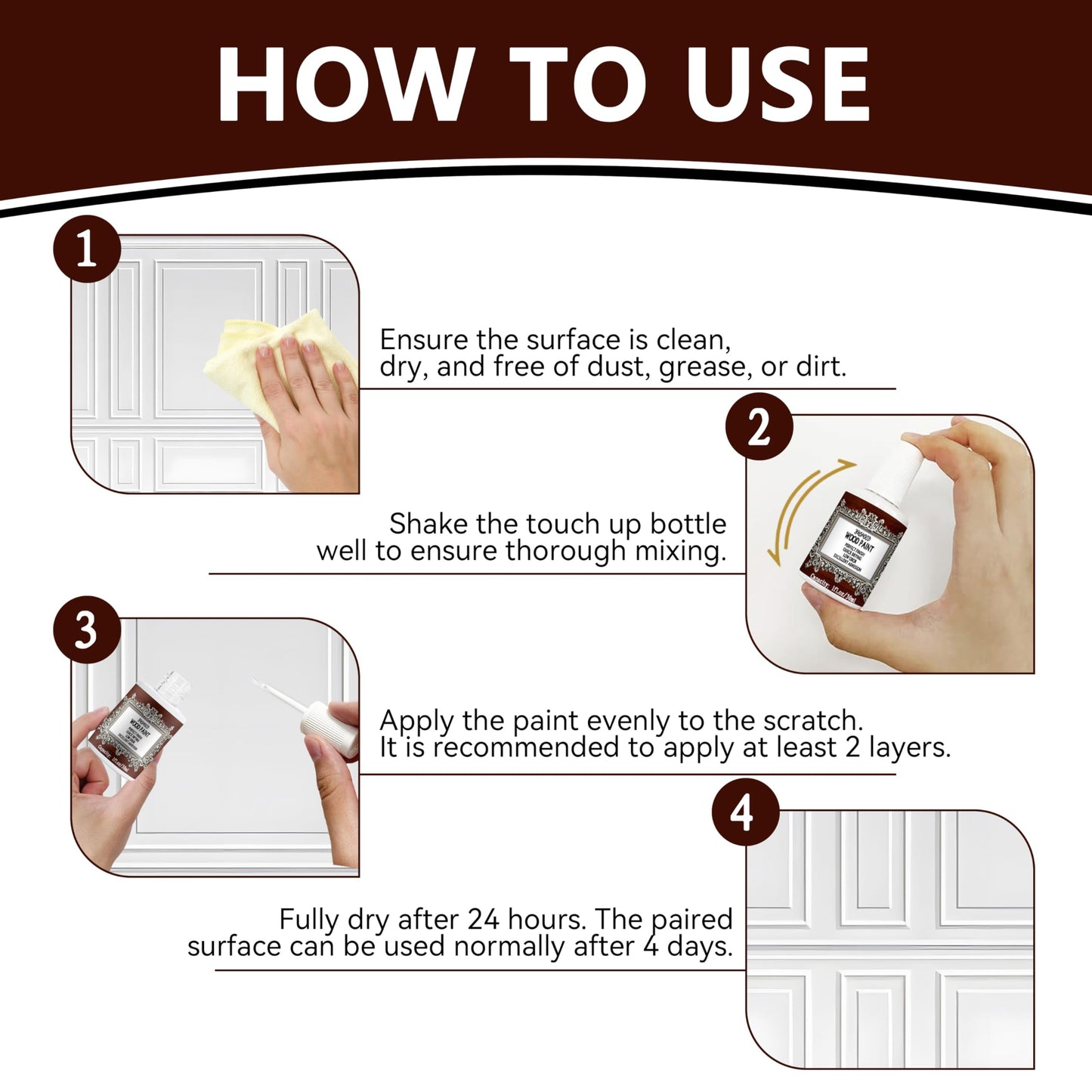 Brohood Wood Paint for Furniture Cabinet Kitchen Door, Semi-Gloss White Scratch Repair for Wood Surface Renovation, 1 Oz White Paint for Spots and Chips
