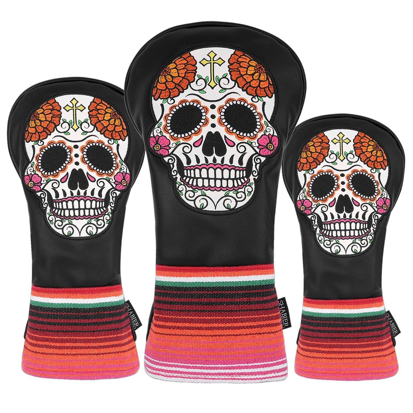 SHABIER Black Golf Hybrid Headcover with Organ Flower Embroidery Sugar Skull Design for Golf Club