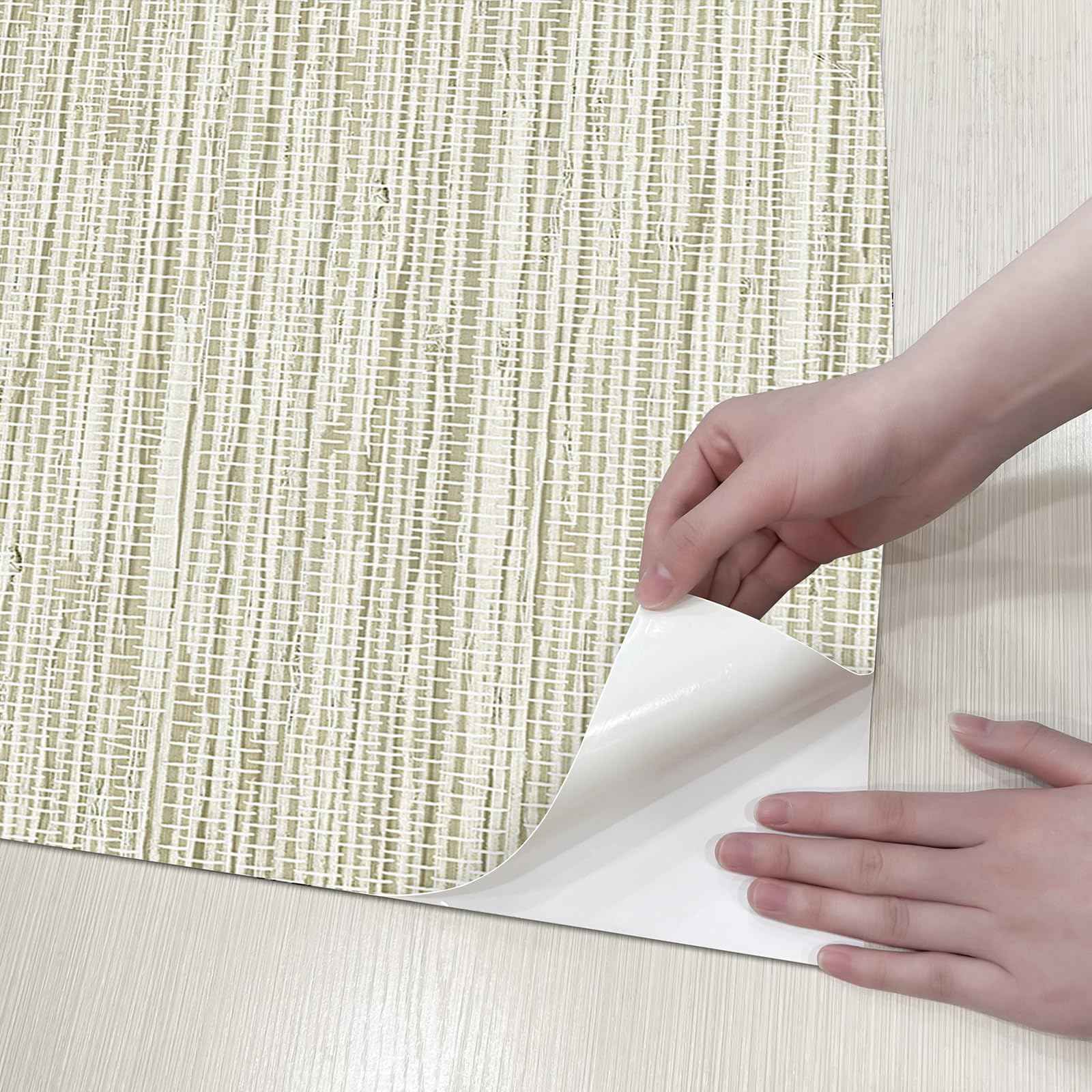 HueBurst Grasscloth Peel and Stick Wallpaper 17.3" x 197" Renter Friendly, Cream Textured Grassweave Wallpaper Self Adhesive Removable for Bathroom Bedroom