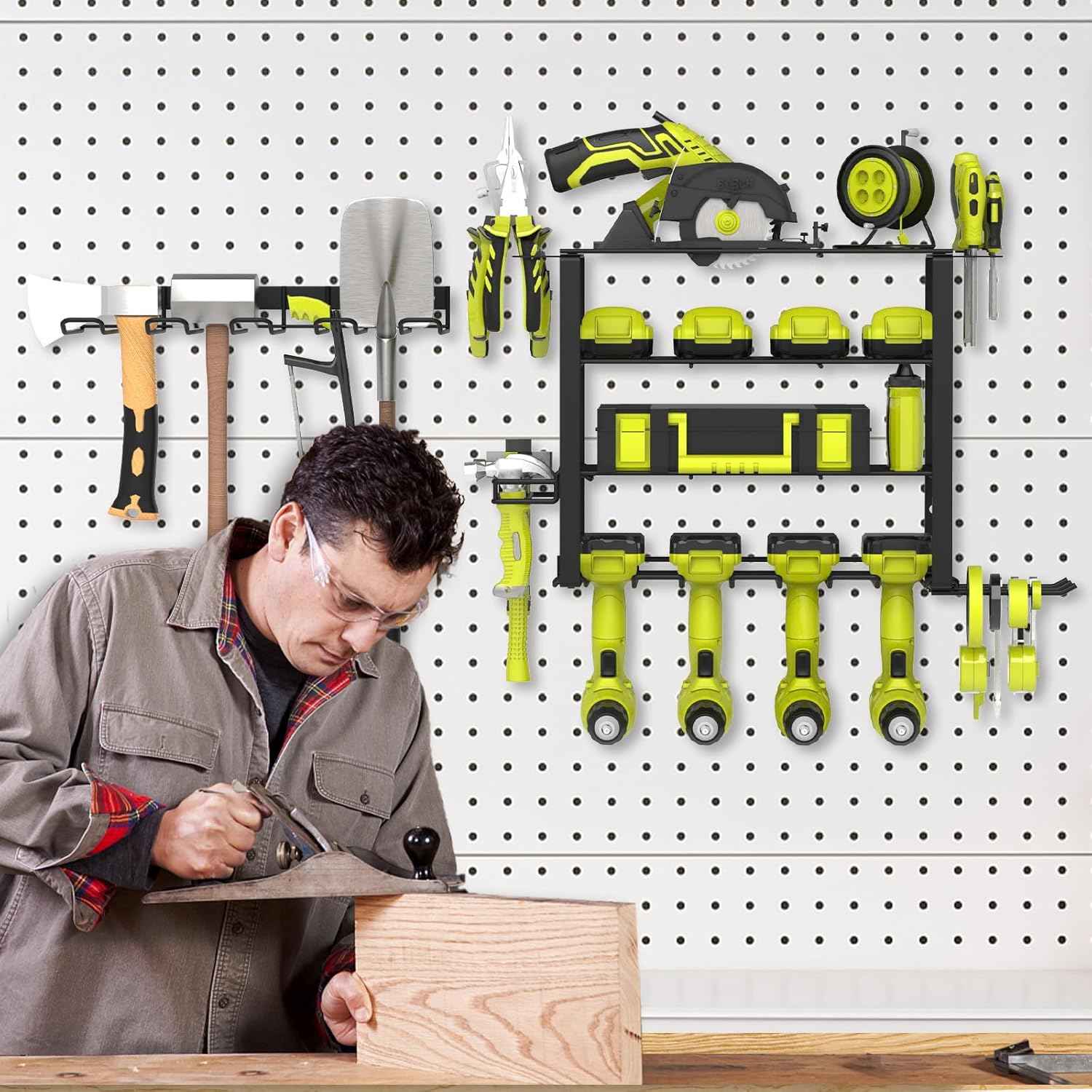 Heavy-Duty Wall-Mount Power Tool Organizer - 3 Extra Large Layers, 300lbs Capacity, 8 Cordless Drill Holders for Garage & Workshop