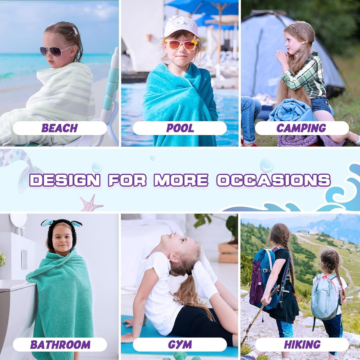 WERNNSAI Mermaid Kids Beach Towel - Double-Sided, Quick Dry, Ultra Absorbent | 30” x 60” Super Soft Swim Towel
