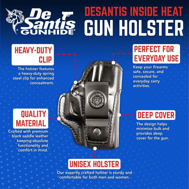 DeSantis Inside Heat IWB Holster - Concealed Carry Gun Holster, Leather Holster IWB for Pistols, Compatible with the GLOCK 43, 43X - Right Hand Draw, Black