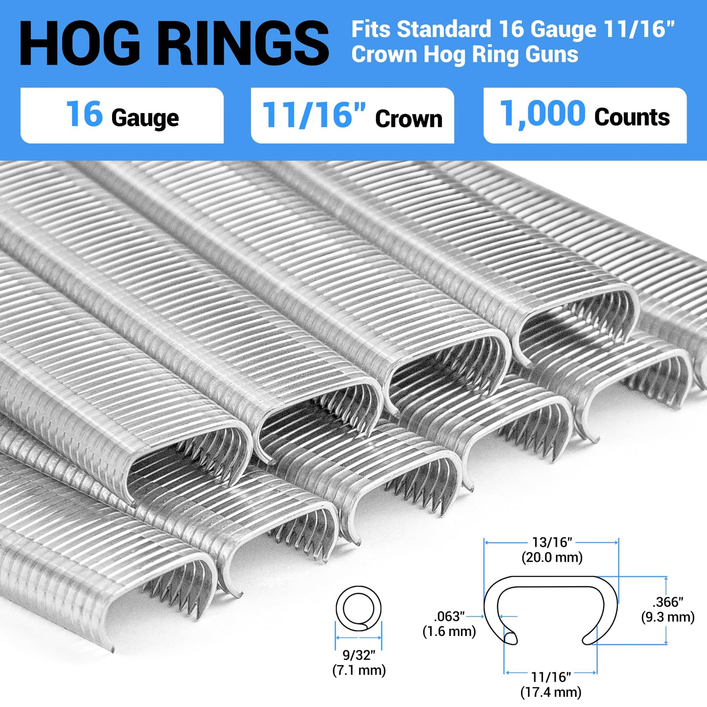 meite Hog Rings, 16 Gauge 11/16" Crown P7 Galvanized Hog Ring Staples for Fabric, Fence/Case, Wreaths/Ornments, Bag Closing, Net Binding (1,000 Counts)