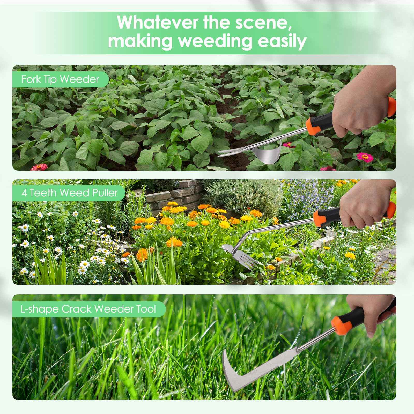 Foyucool Weed Puller Tool, Set of 3, Rubber Handle Weed Remover Tool, Manual Weeder,L-Shaped Weeding Tool, Thickened Stainless Steel Crack Weeder,Planting and Weeding for Garden, Patio, Backyard Farm