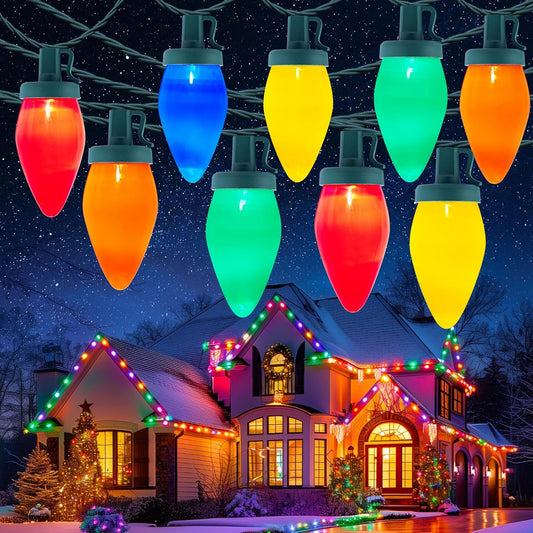 50ft C9 Vintage Christmas String Lights - 50 Colorful Waterproof Bulbs for Outdoor Holiday Decor, Connectable for Roofline & Patio