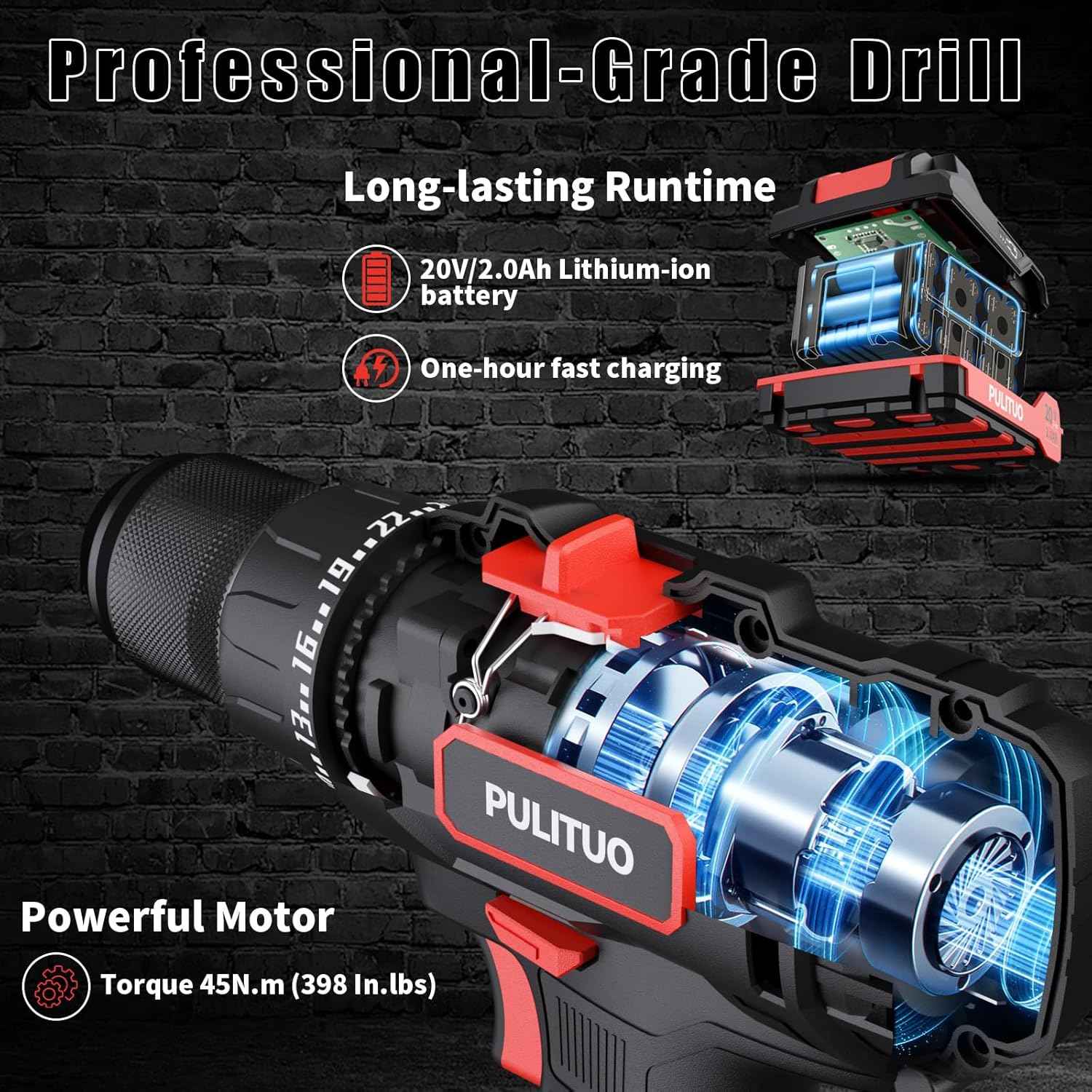 PULITUO'S 20V Cordless Drill/Driver, Electric Screwdriver - 2 Batteries, 30Nm, 21+1 Torque, 2 Speed, Keyless 3/8" Chase Drill with LED Light, Kit for Home (Green)