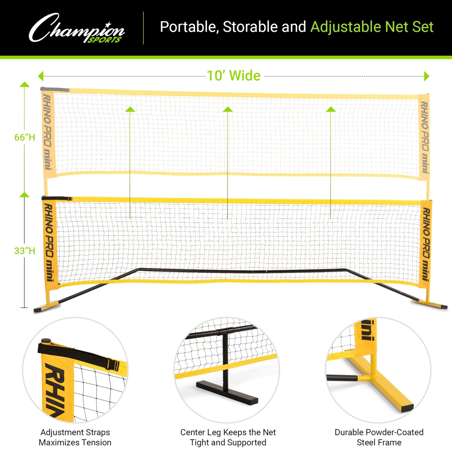 Champion Sports RHINO Port-A-Net Set – 10' Adjustable Racquet Sport Net with Carry Bag, Portable Steel Frame Net System for Pickleball, Tennis, Badminton & Volleyball - 33" to 66" Height