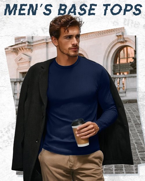 August Alley 4 Pack Men's Cotton Thermal Long Sleeve Shirts Ribbed Crew Neck Tops Slim Fit Undershirts Fall Winter Base Layer(Black, Dark Gray, Dark Brown, Navy Blue,X-Large)