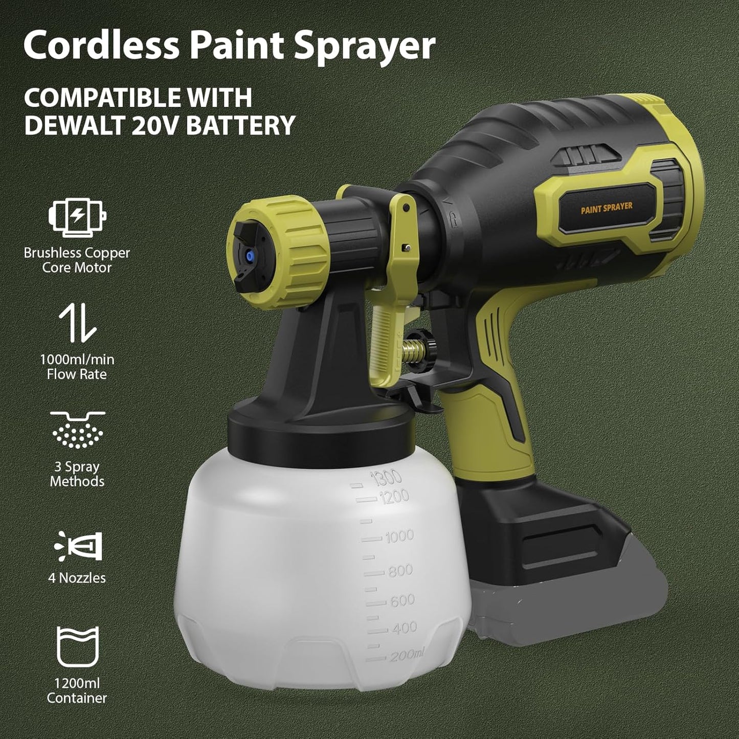 Brushless Cordless Paint Sprayer for Dewalt 20V Battery - 1200ml, 1000ml/min Flow, High Viscosity for Furniture & Cabinets