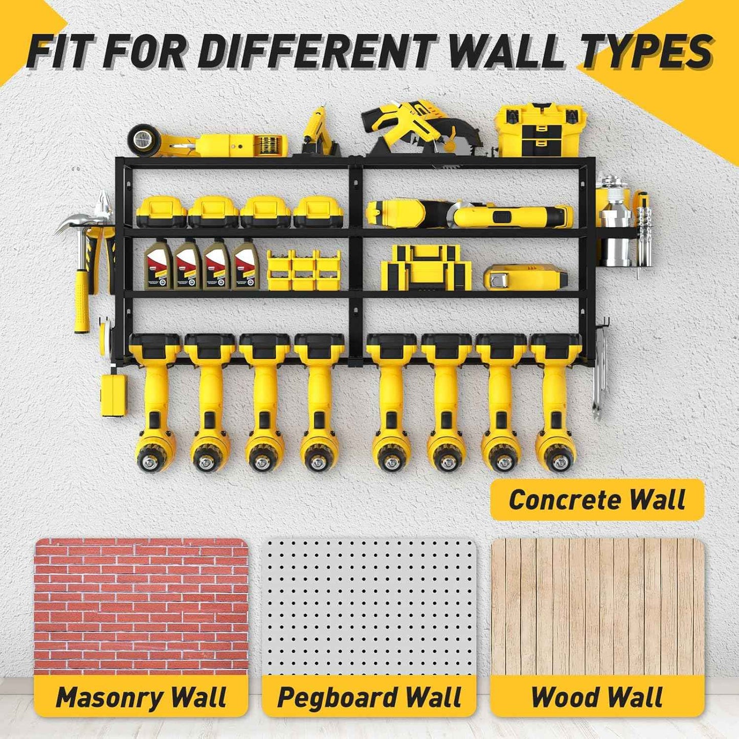 Heavy-Duty Wall-Mount Power Tool Organizer - 3 Extra Large Layers, 300lbs Capacity, 8 Cordless Drill Holders for Garage & Workshop