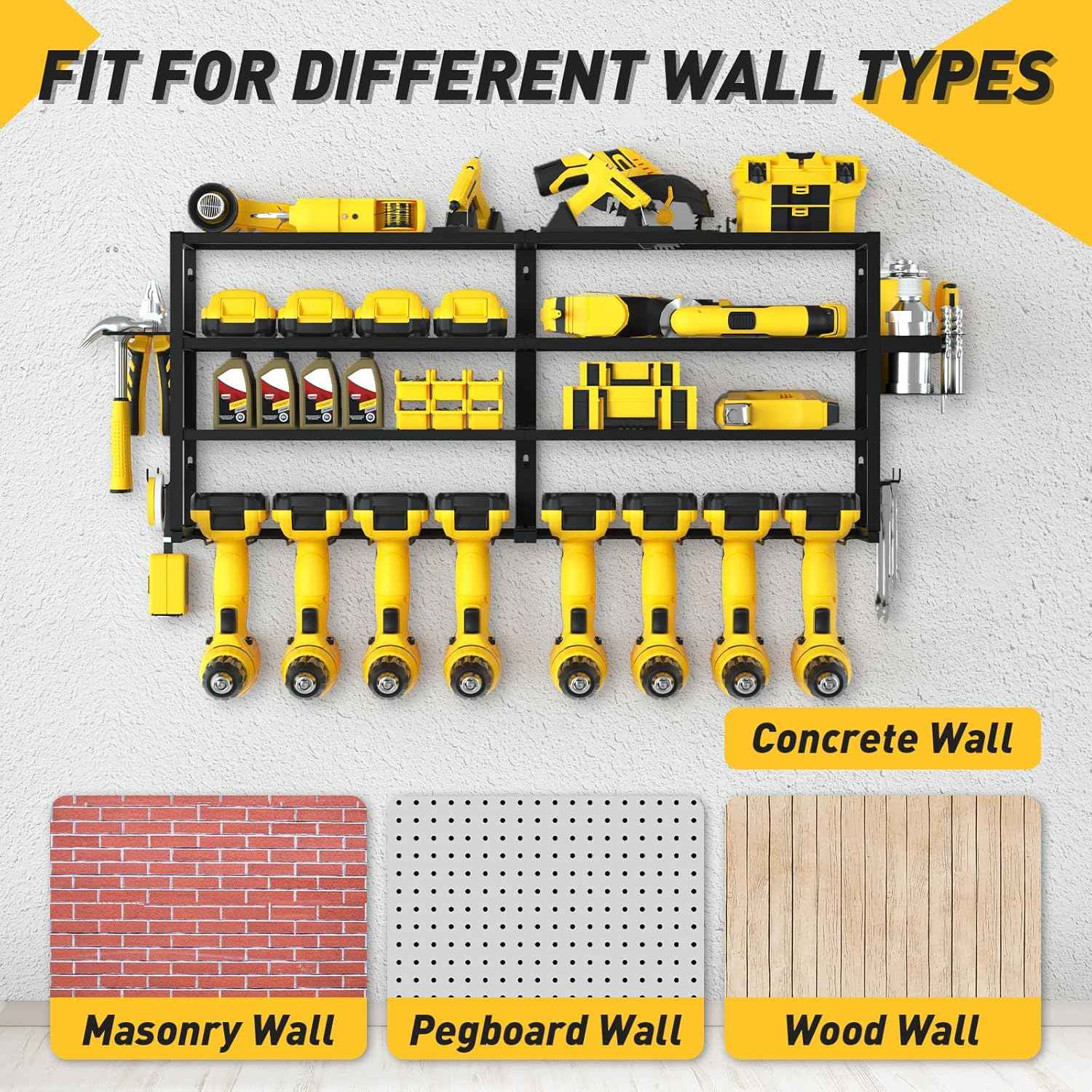 Heavy-Duty Wall-Mount Power Tool Organizer - 3 Extra Large Layers, 300lbs Capacity, 8 Cordless Drill Holders for Garage & Workshop