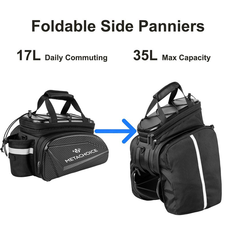 METACHOICE Bike Trunk Bag 17L-35L Expandable, Hard Shell Bike Pannier Bag with Fold-out Pockets, Rear Rack Commuter Bag for 14 Inch Laptop & Groceries, Includes Rain Cover