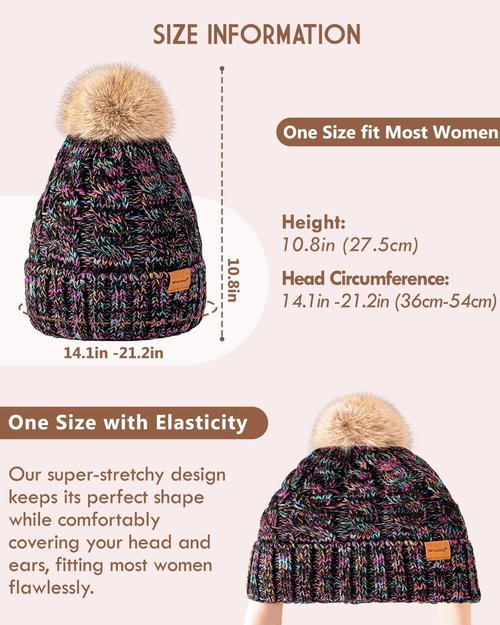 Winuesa Winter Hats for Women with Pom Pom, Womens Beanie Warm Fleece Lined for Cold Weather, Fashionable Multicolor Thick Cable Knit Ski Skull Cap for Ladies-01
