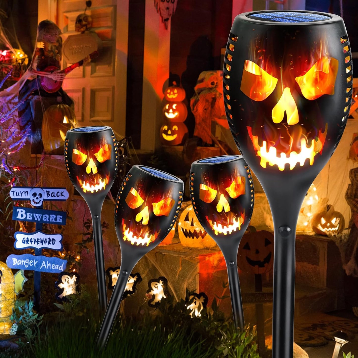 Solar Torch Lights Outdoor - 4 Pack Waterproof LED Flickering Flame for Halloween, Garden & Yard Decor